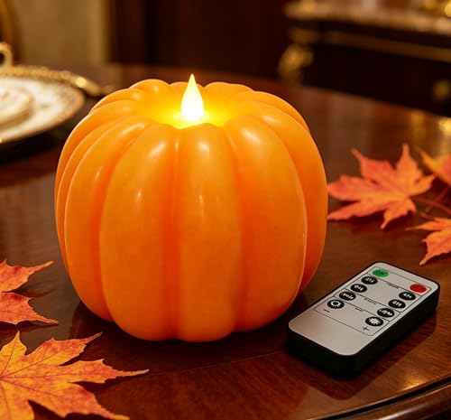 Flickering Flameless LED Pumpkin Candle - Orange Fall Decor with Remote & Timer