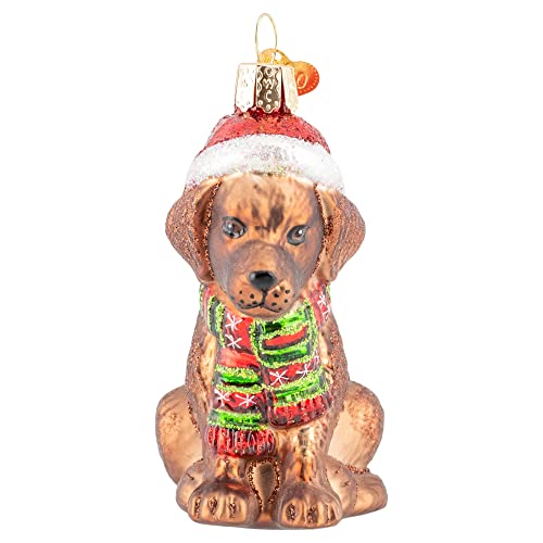 Holiday Chocolate Labrador Pup Glass Blown Ornament - Handcrafted Christmas Tree Decoration