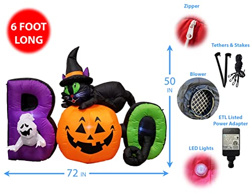 6 Ft Lighted Halloween Inflatable Black Cat with Ghost and Pumpkin Scene
