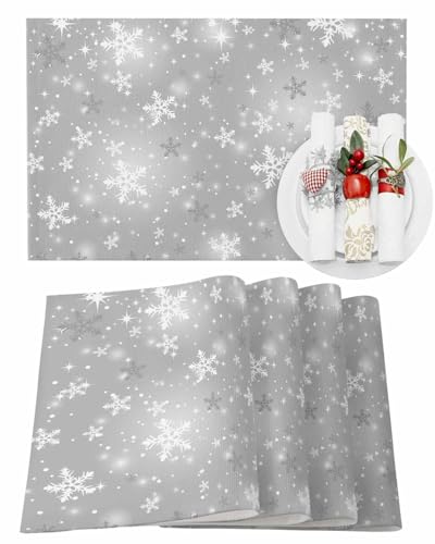 Grey Snowflake Christmas Placemat Set of 4 - Winter Table Decor, Washable Polyester