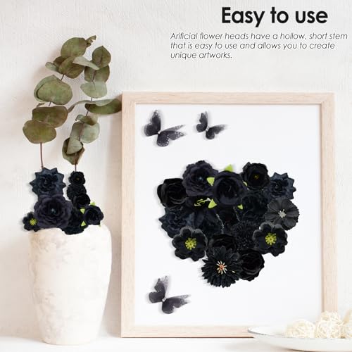 Black Artificial Flowers Bulk - Mini Silk Flower Heads for DIY Crafts, Wedding, Party & Home Decor - Variation: Black