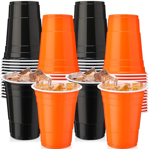 Halloween Plastic Cups 16oz - 50 Pack Disposable Black & Orange Party Cups