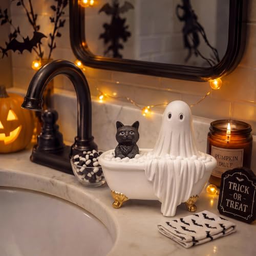 Halloween Ghost Cat Figurine in Bathtub Decor Resin Cute Spooky Home Accent