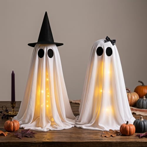 Light Up Halloween Ghost Decor Set - 2 Standing Ghosts with Witch Hat & Lights
