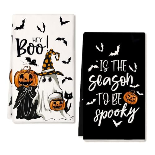 Halloween Kitchen Towels Set of 2 Ghost and Pumpkin Decor - Microfiber Farmhouse Style