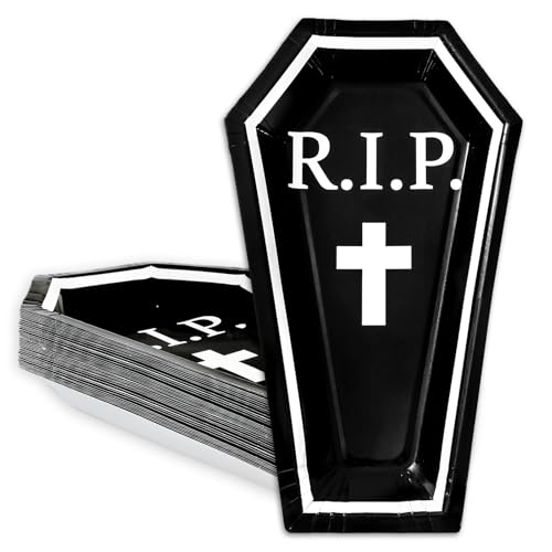 Halloween Coffin-Shaped Paper Plates - 24 Pack, Black & White Disposable Dinnerware, 9.8 x 5.9 in - Normal