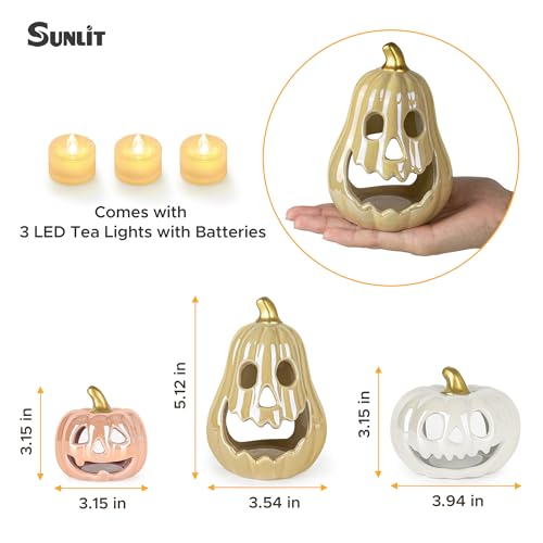 Sunlit Ceramic Pumpkin Candle Holder Set of 3 with LED Tea Lights - Colorful Halloween Decor