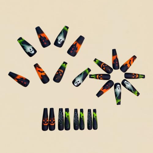 Halloween Press On Nails Long Square with Ghost Pumpkin Spider Web Cat - Style12
