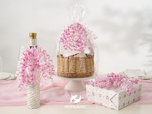 Pink & White Curly Gift Bows - 7 Inch Self-Adhesive & Tie-On for Gift Wrapping - 6 Pack