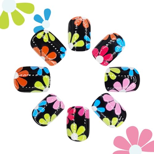 Spring Press-On Nails Black Square with Fluorescent Flowers - W14