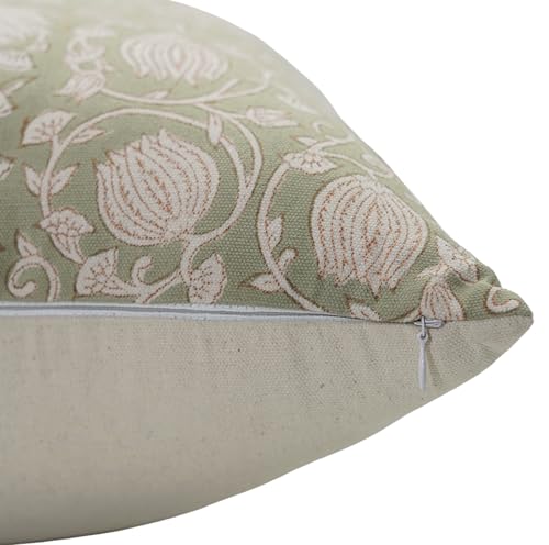 Light Green Handmade Block Print Cotton Throw Pillow Cover 14x20 Inches with Invisible Zipper - Farmhouse Decor