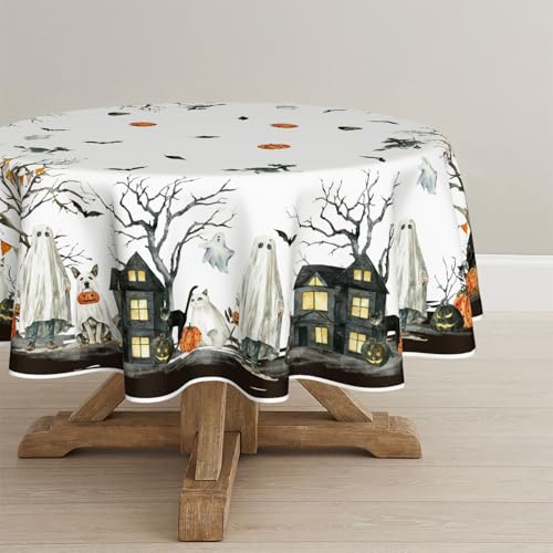 Halloween Tablecloth 90x90 Inch Round Jack-O-Lantern Pumpkin Black and Orange