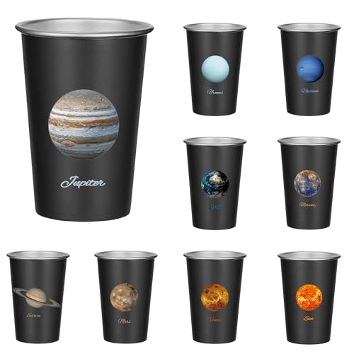 9 Pack 16 oz Stainless Steel Space-Themed Drinking Cups - Unbreakable & Reusable