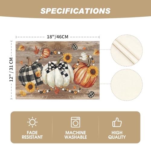 Wood Pumpkins Sunflowers Fall Placemats Set of 6 - 12x18 Inch Rectangular