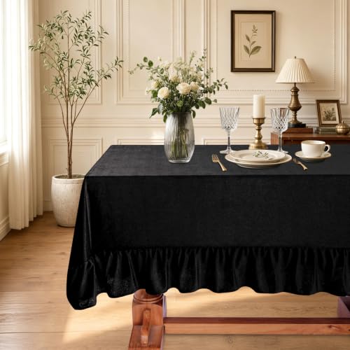 Rectangular Velvet Tablecloth 60x120 Inches - Black, Ruffled, Elegant Party Decor