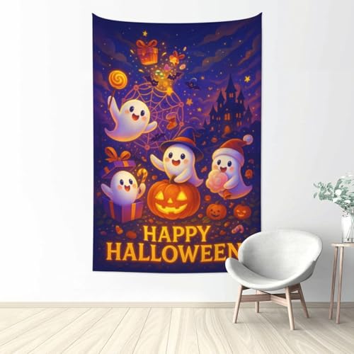 Halloween Tapestry Wall Hanging 60x40 Inches - Cute Ghost Pumpkin Castle Decor - Kid-Friendly Party Backdrop - Variation: Halloween / 60"L x 40"W
