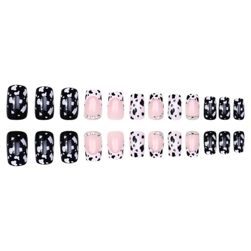 French Tip Fake Nails Short Square with Glitter Rhinestones & Cow Print - Black & White Variation 34