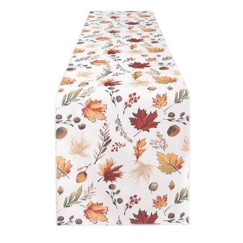 Fall Table Runner for Kitchen & Dining - Harvest Pumpkins & Leaves, Water-Resistant, 13 x 36 inches
