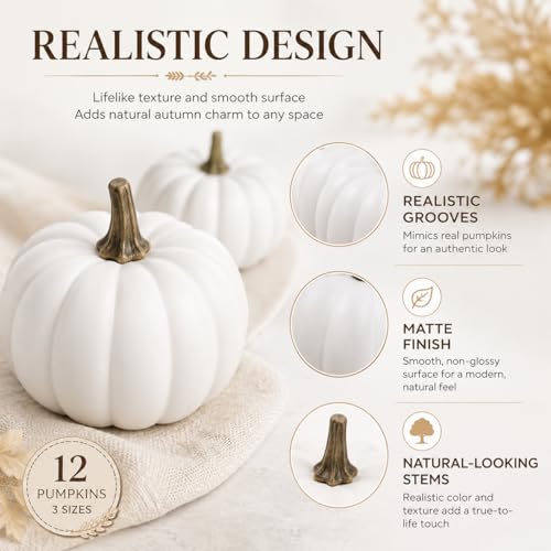 White Mini Pumpkins Artificial Fall Decor Set - 12 Pieces in 3 Sizes with Variation
