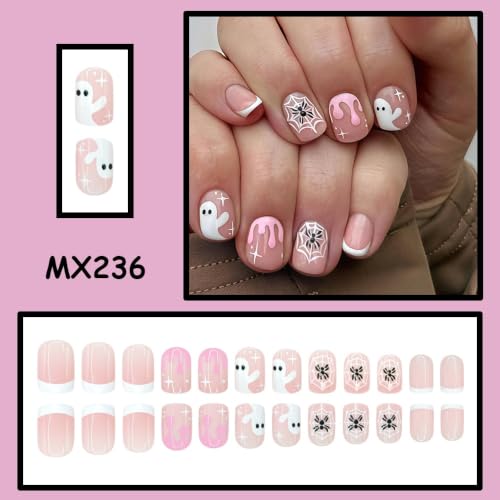 Halloween Short Square Press-On Nails with Ghost & Spider Web Design - Pink, Reusable, 24 Pieces - Variation Color37