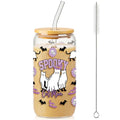 Halloween Ghost & Cat Glass Cup with Lid Straw & Brush 16 oz - Cute Spooky Drinkware