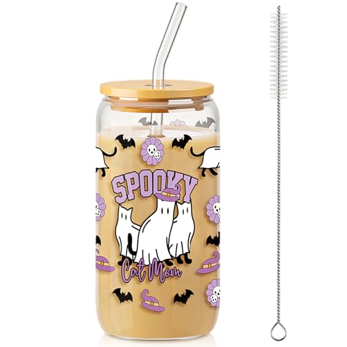 Halloween Ghost & Cat Glass Cup with Lid Straw & Brush 16 oz - Cute Spooky Drinkware