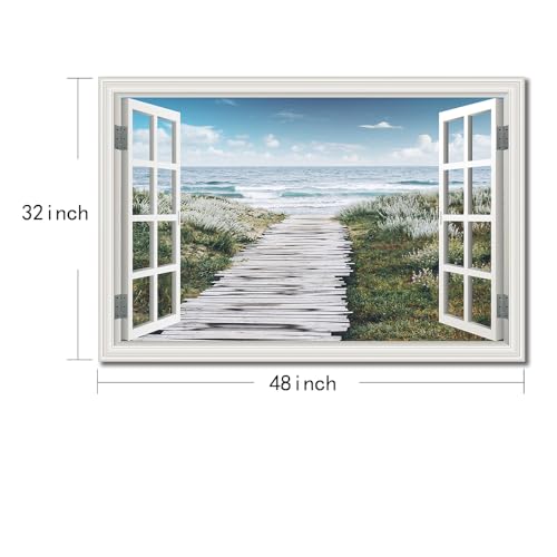 Large Beach Flower Path Ocean Canvas Wall Art - 48x32 Inch Coastal Seascape Painting