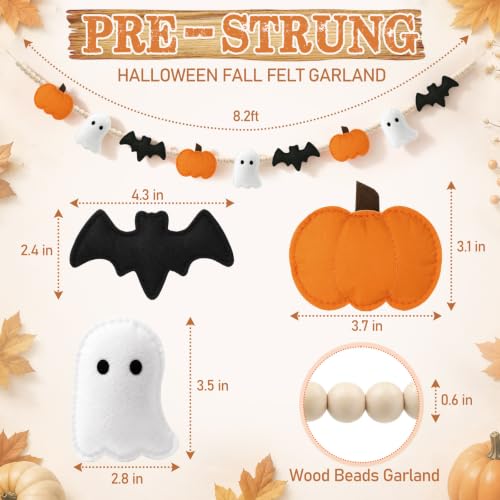 Halloween Felt Wood Beads Garland - Pumpkin Ghost Bat Banner, 8.2ft Autumn Decor