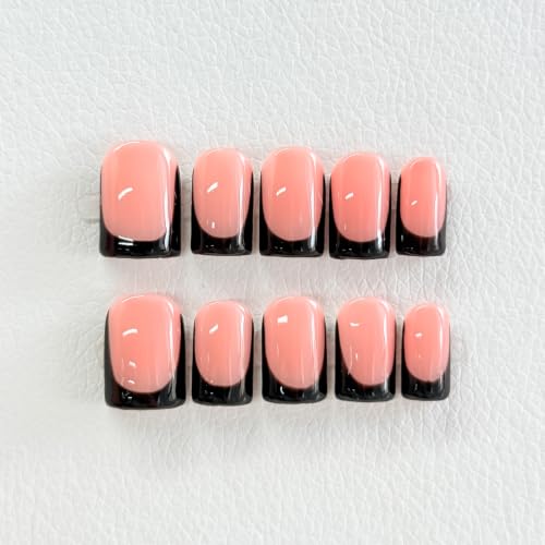 Black French Press-On Nails Square Short Nude Floral Design - M Variation