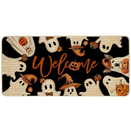 Halloween Ghost Door Mat - 17 x 36 Inch Spooky Welcome Rug with Non-Slip Rubber Backing