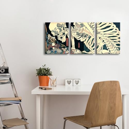 Witch and Skeleton Ukiyo-E Canvas Wall Art Set - 12x16 Inches Unframed - Home Decor