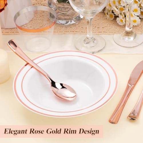 50 Pack Disposable Soup Bowls with Rose Gold Rim - Heavy Duty Plastic, 12oz