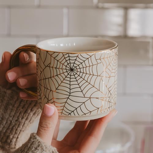 Halloween Spiderweb Mug with Gold Handle - 14oz Bone China Coffee Cup, Fall Seasonal Decor - Gold Spiderwebs Variation
