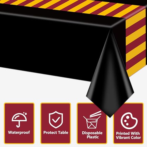 Disposable Wizard Tablecloth Set - Black Yellow Red Striped Party Covers, 4 Pcs