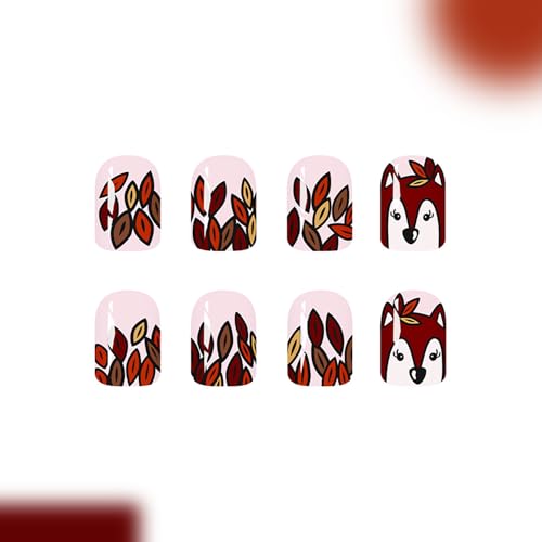 Fall Press On Nails Kit Short Square Fake Nails with Squirrel & Leaf Designs for Women