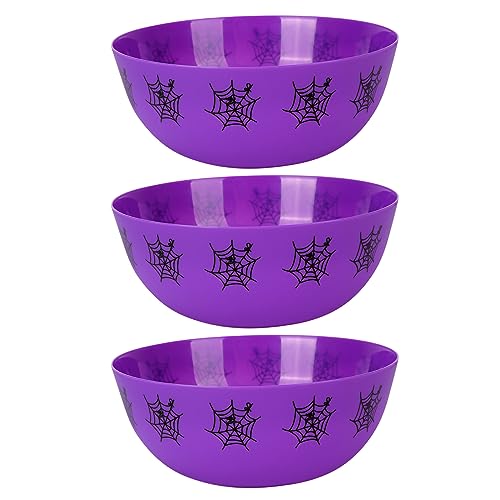Halloween Plastic Trick Treat Candy Bowls - Large Reusable Party Supply - Purple Spider Web
