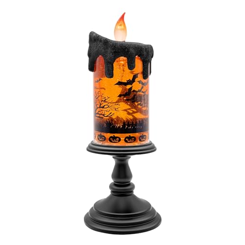 Halloween Snow Globe Flameless Candle - Brown Spinning Water Lantern with Timer