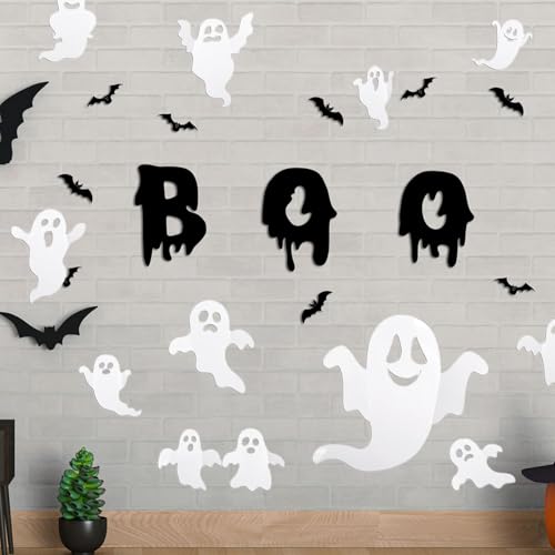 Halloween Ghost Wall Decor Set - 25 Reusable 3D Stickers & Bats - Boo Letters