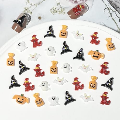Green Halloween Nail Charms 50Pcs Cute Ghost Pumpkin & Hat Decorations for Nail Art
