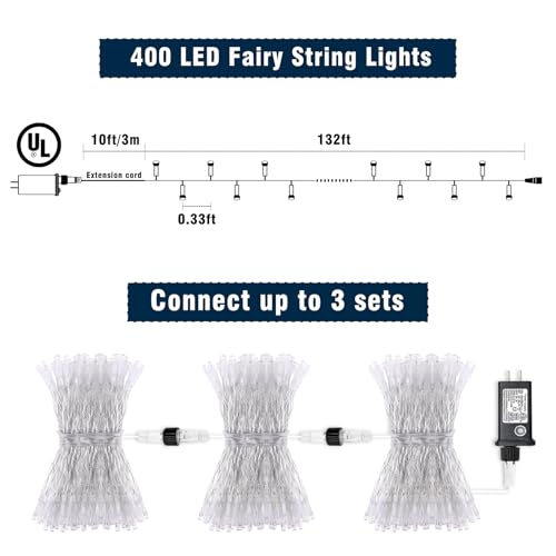 Outdoor Blue 131FT 400 LED String Lights with Extension & 8 Modes
