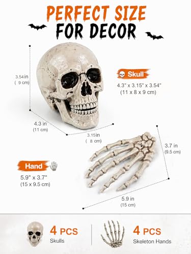 Halloween Skeleton Decorations Set with Skull Heads and Hands - 8 Pack Miniature Props for Haunted House & Yard Decor