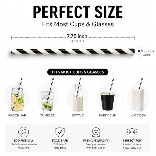 Black and White Striped Paper Straws - 100 Pack, 7.75 Inch Disposable Drinking Straws, Party & Event Use