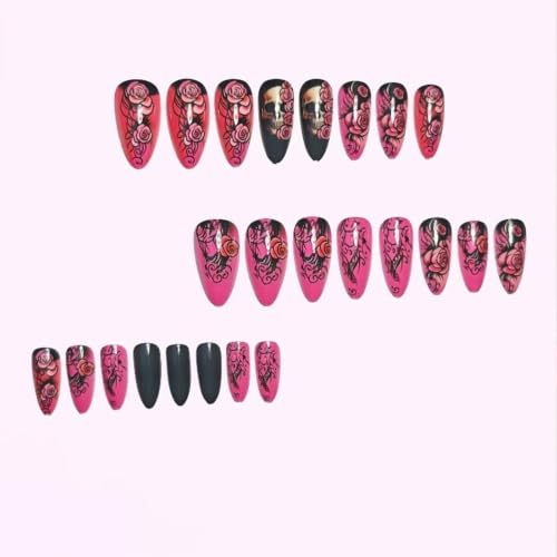 Halloween Press On Nails Medium Almond Skull Flower Floral Design 24Pcs - Black Pink