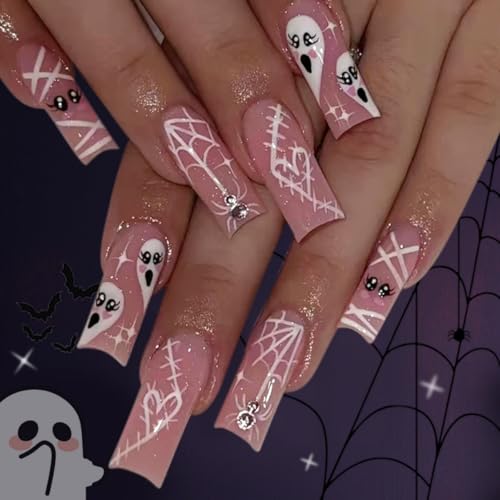 Halloween Press-On Nails Long Square Spider Web Ghost Design - Style 19 - 24 Pack