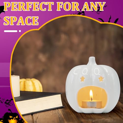 Ceramic White Pumpkin Candle Holder with Star Holes - Halloween Decor - Variation H01