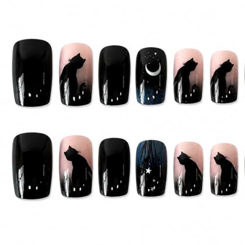 Halloween Press On Nails Short Square Black Cat & Star Moon Design Style 17 - Glossy Gradient Finish, Full Coverage, 24 Pcs