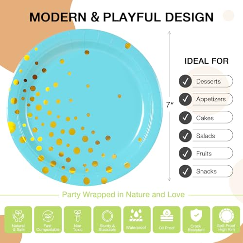 Blue Gold Paper Plates for Party 7-Inch Disposables with Gold Dot Design - 50pcs Blue Light Variation