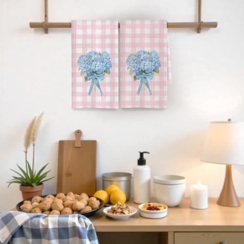 Hydrangea Floral Kitchen Towels - Pink & White Checkered Hand Dish Towels, 16x24 Inch, Variation 1