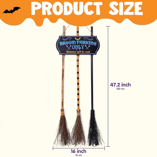 Halloween Broom Parking Sign with Wooden Witch Brooms - Outdoor Porch Decor