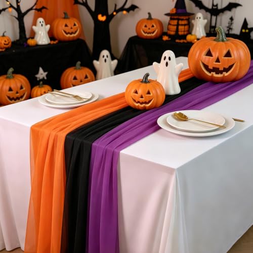 Halloween Gauze Table Runner Set - 3 Pcs Autumn Fall Party Decor - Orange Black Purple - Summerween